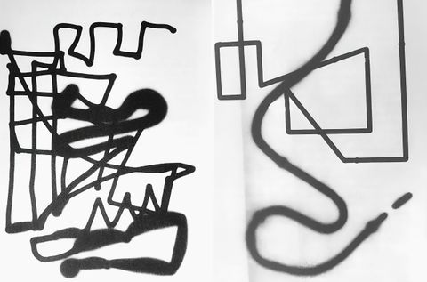 Drawing. Angular, jagged, or sinuous black lines meander or overlap across a white background.