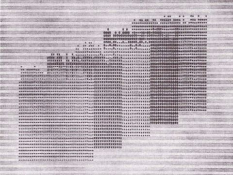 Computer generated drawing. Dots or rectangles in different thicknesses make up five overlapping panels that create a diagonal from the lower left to upper right corner. The dots are printed on paper striped with white and light grey.