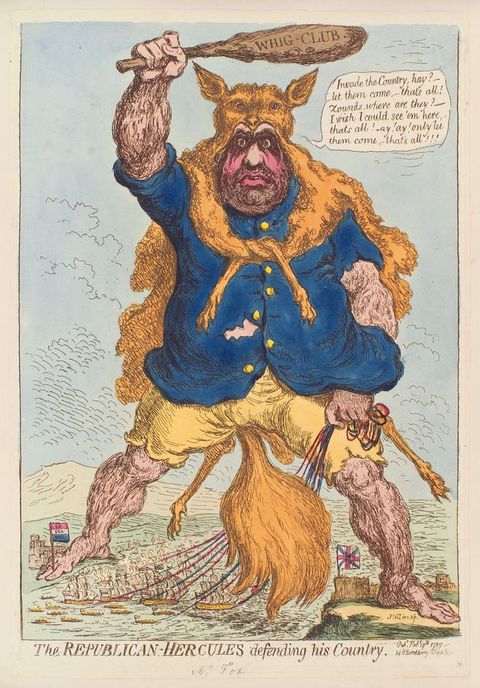 Print. A portly, pale-skinned man with a thick five o'clock shadow and pointedly hairy arms and legs stands astride a body of water in this coloured etching. He holds up a club reading “Whig Club” in one hand and ropes attached to a fleet of ships with the other.