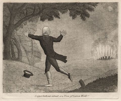 Print. A man wearing a coat with tails, breeches, and stockings runs, arms raised, towards some trees. One shoe is missing, and his top hat has fallen off. Blazing pots are in the distance to our right.