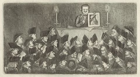 Print. A smiling man holds an auctioneer’s gavel in one hand and a portrait of a bearded man in the other. The head, shoulders, curling wigs, and tricorn hats of around forty men make up an audience below. Each face is different, and most are shown in profile.