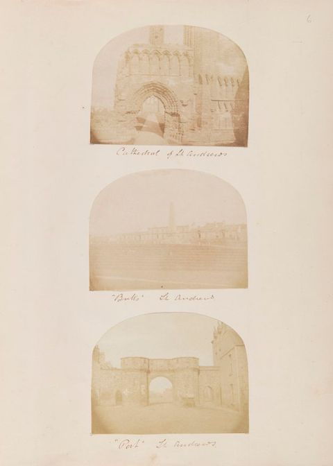 Album page. Three pale, brown and white photographs show stone buildings or ruins.