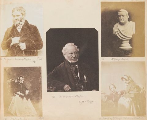 Album page. Five black and white photographs are affixed in a loose X-shape in an album. Two show men with mutton chops and high-collared shirts. One picture is of a marble bust, another of a single woman wearing a bonnet and a shawl, and the final one shows two women.