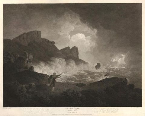 Print. Waves crash on a rocky shore under roiling clouds in this engraving. A man runs from a bear near the lower left. A long inscription is below.
