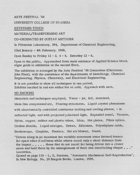 Typewritten document. Following the title, text begins, “Material/Transforming Art Co-Ordinated by Gustav Metzger In Filtration Laboratory, 294. Department of Chemical Engineering”. Text continues below.