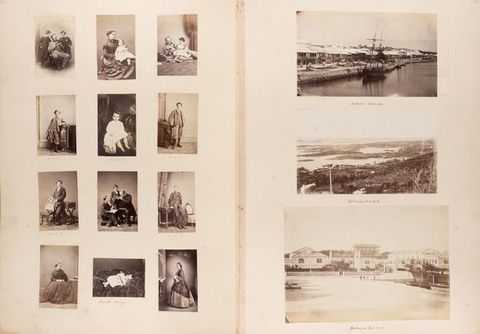 Pages of an album. Twelve black and white portraits are arranged in a grid on the left page, some identified in handwriting below each picture. Three landscapes are affixed to the page on our right.