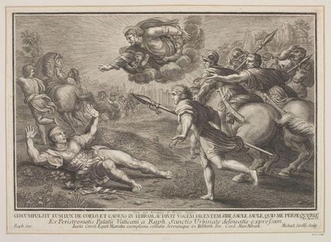 Print. Several men and horses run towards a man who has fallen onto the ground, hands raised. A haloed man flanked by winged, child-like angels swoops down on a bank of clouds. Latin text is below.