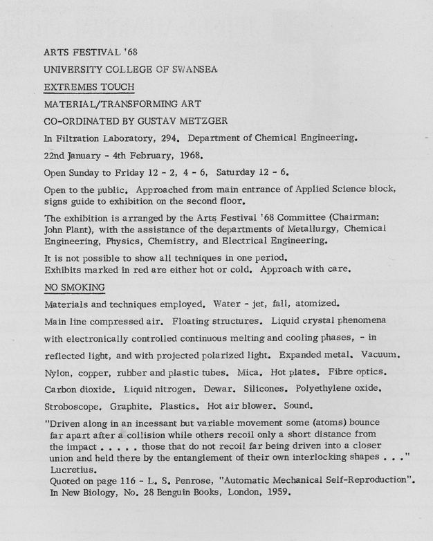 Typewritten document. Following the title, text begins, “Material/Transforming Art Co-Ordinated by Gustav Metzger In Filtration Laboratory, 294. Department of Chemical Engineering”. Text continues below.