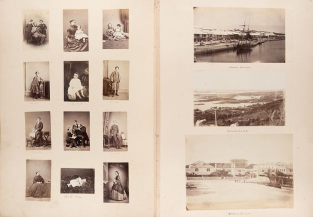 Pages of an album. Twelve black and white portraits are arranged in a grid on the left page, some identified in handwriting below each picture. Three landscapes are affixed to the page on our right.