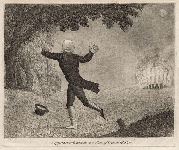 Print. A man wearing a coat with tails, breeches, and stockings runs, arms raised, towards some trees. One shoe is missing, and his top hat has fallen off. Blazing pots are in the distance to our right.