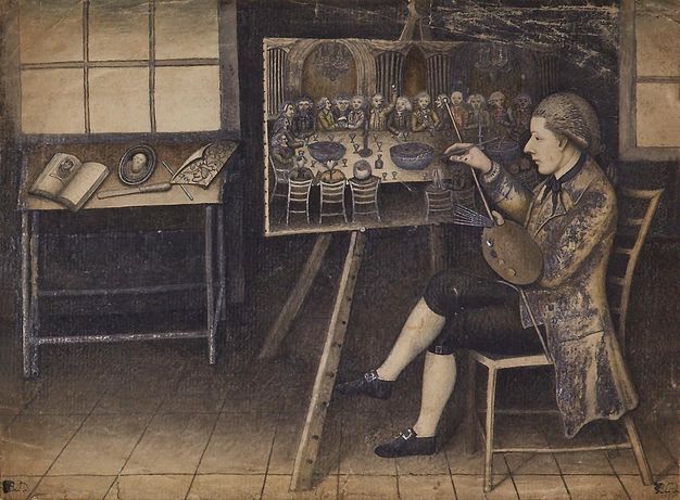 Painting. A clean-shaven, pale-skinned man sits in a wooden chair with his legs crossed as he paints a canvas on an easel. The painting shows a gathering of at least twenty-one men around a table.